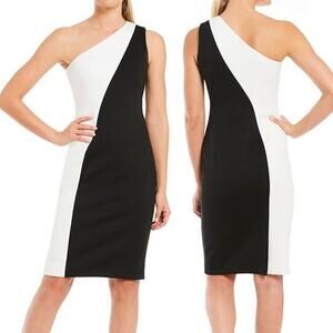 Calvin Klein | Black & Ivory Colorblock One Shoulder Scuba Cocktail Sheath Dress